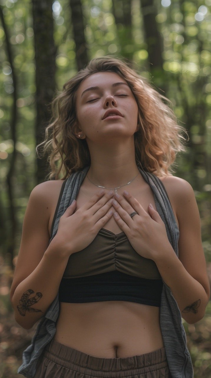 Young Woman Meditating with Breathing Exercise in Nature – Stock Photo of Calm Practice