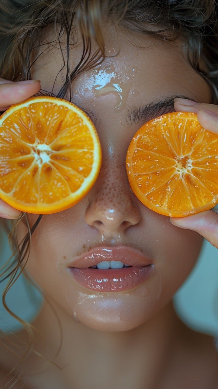 Young Woman with Oranges in Front of Eyes – Playful Studio Shot, Isolated on Orange Background