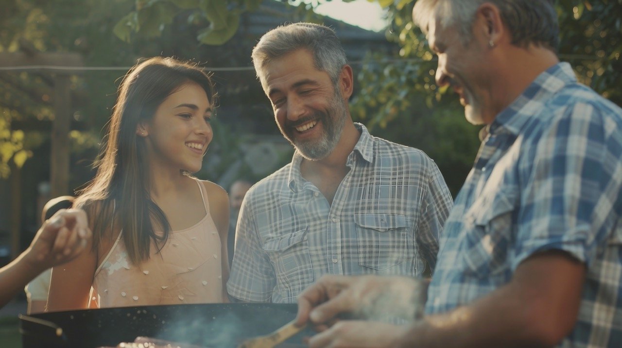 Miling People at Asado Party – Stock Photo of Backyard Celebration