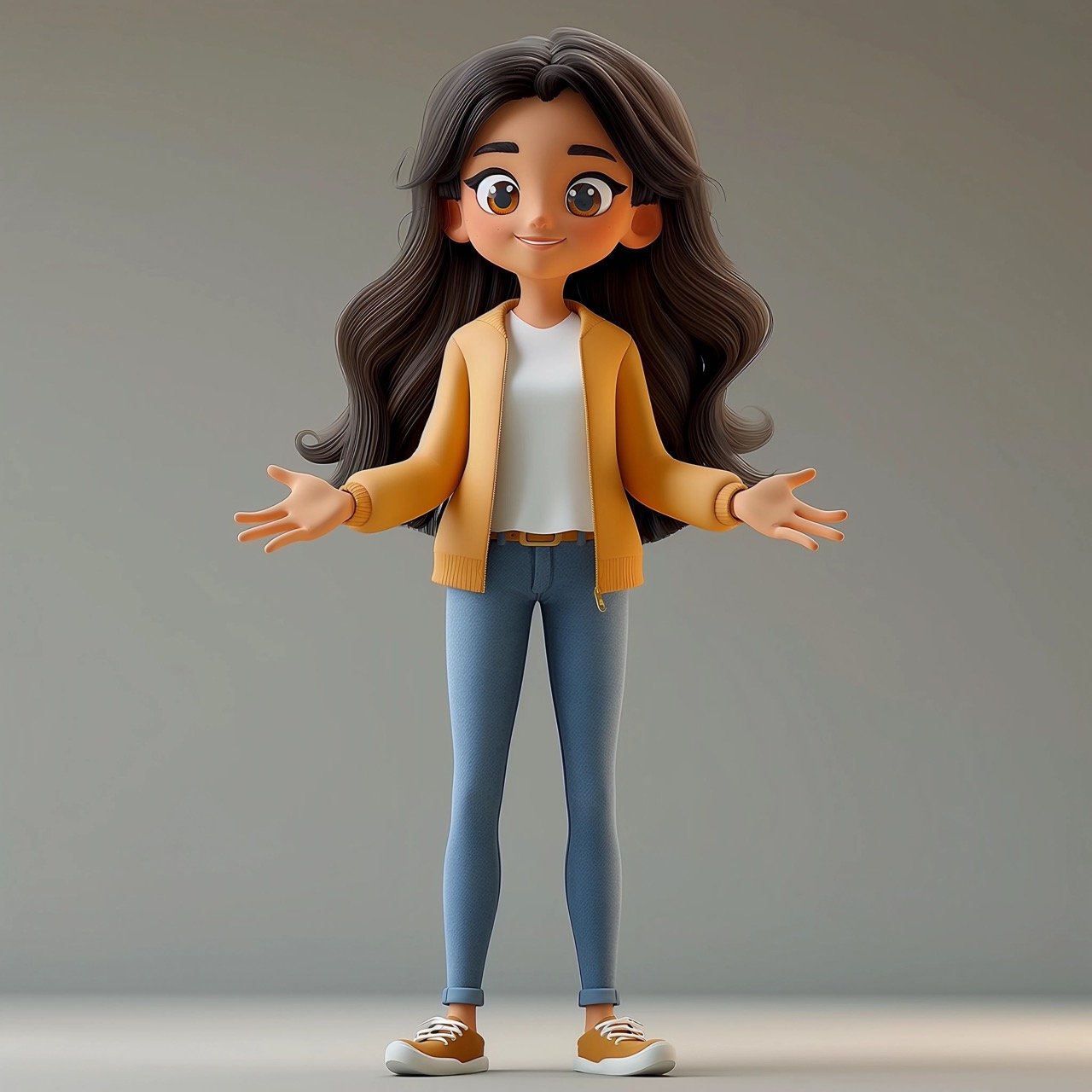 3D Cartoon Character of Young Woman in Not Understand Gesture Pose – Full Body on Background