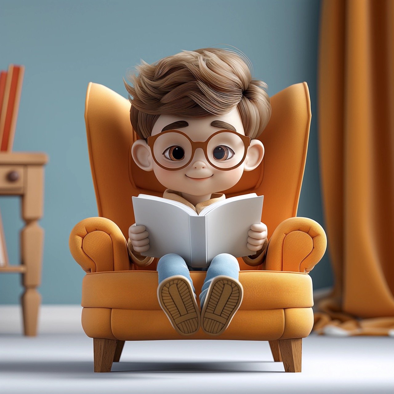 3D Character of Boy Reading in Armchair – Cartoon Style, Cute Animated Boy, 3D Render