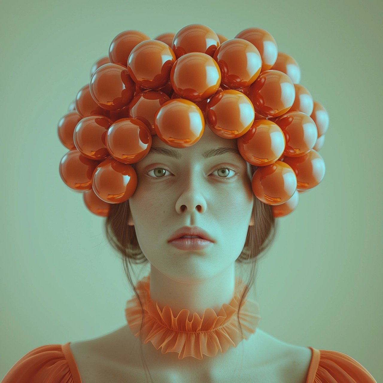 3D Digital Art of Woman with Balls on Head, HD Render – Teal and Orange Portrait