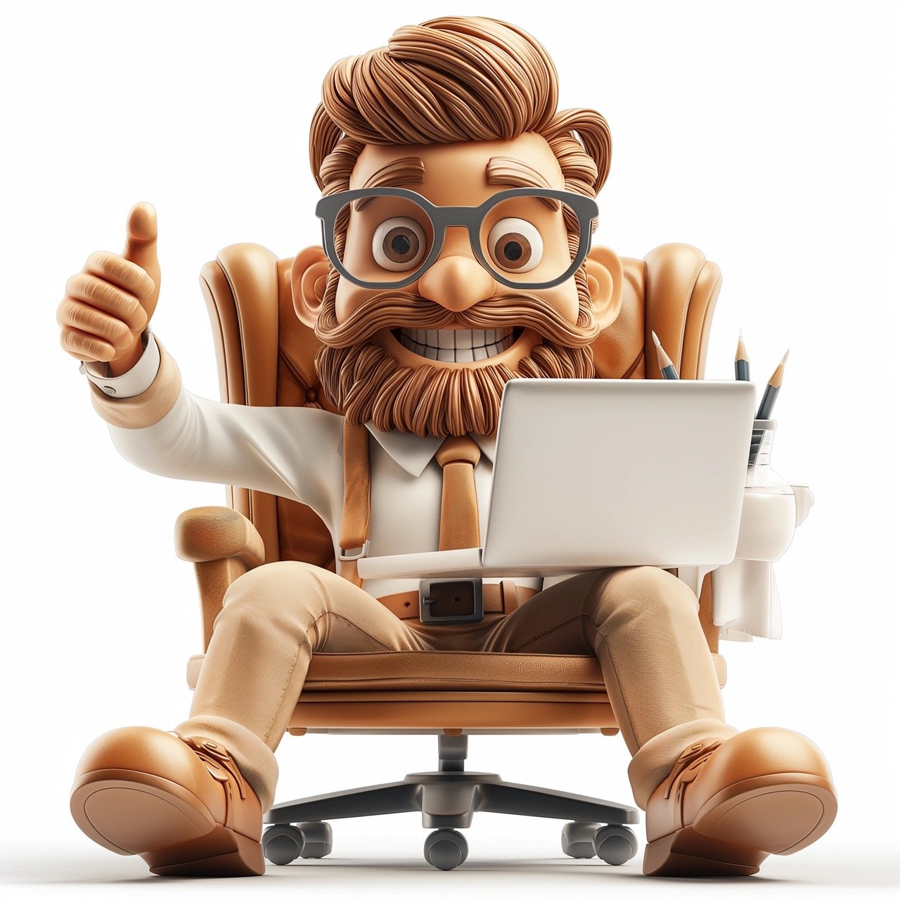 3D Illustration of Happy Man with Laptop, Sitting in Armchair and Showing Cool Gesture – Isolated