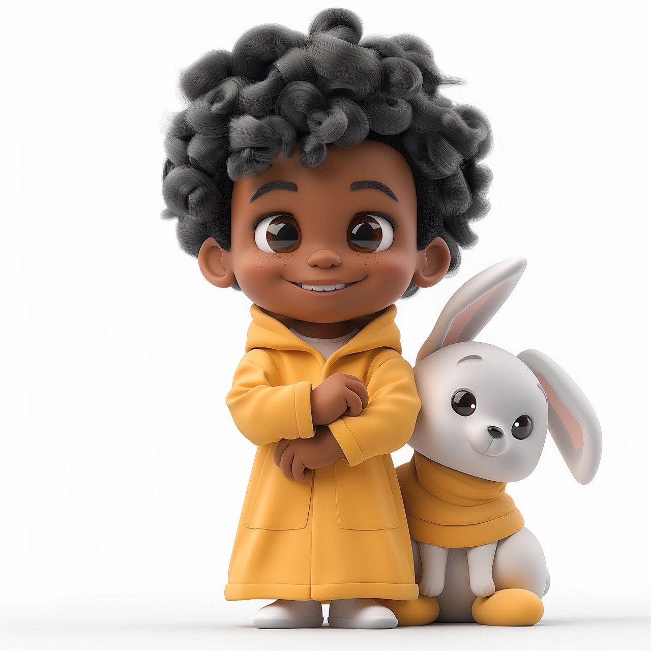 3D Illustration of School Boy with Bunny – Cute Pet Dog and African American Girl on White Background