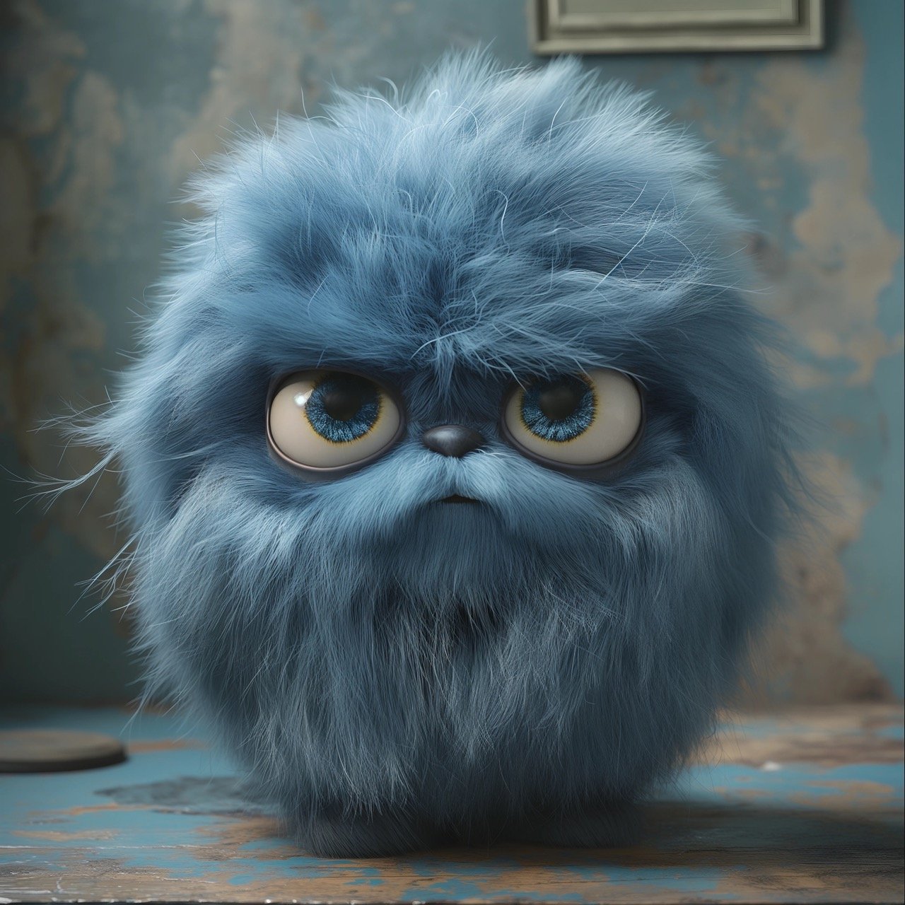 3D Portrait of Bored Fur Ball Monster – Three Dimensional Fictional Character Stock Photo with Humor