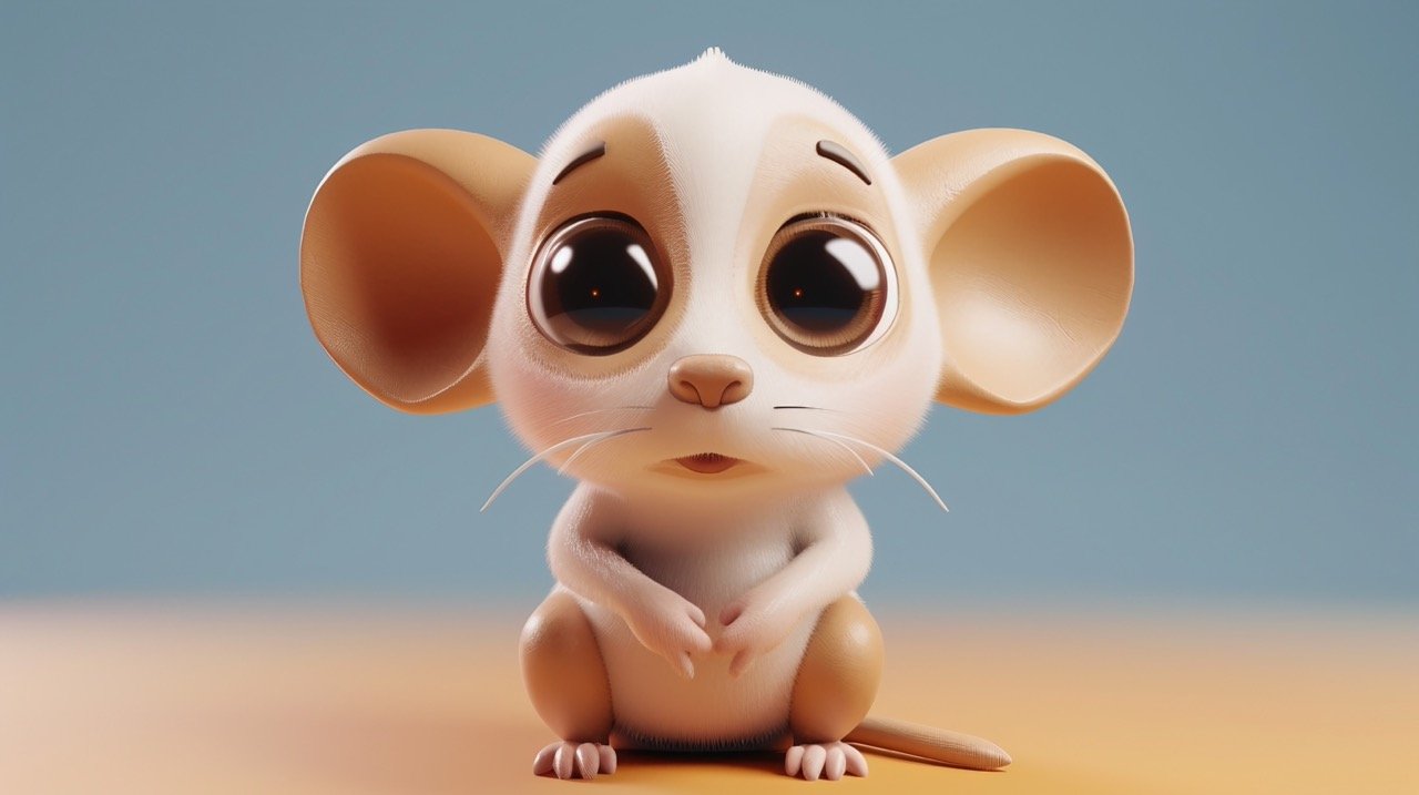 3D Rendering Flat Logo Cute Baby Mouse with Big Eyes, Lovely Cartoon Character Design