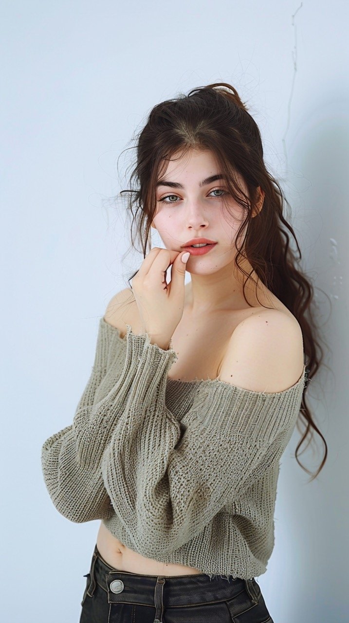 AI-Created Cute Girl and Stylish Woman in Sweater Posing Against White Wall