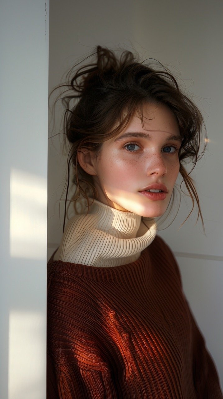 AI-Generated Image of Cute Girl and Stylish Woman in Sweater Looking Away Against White Wall