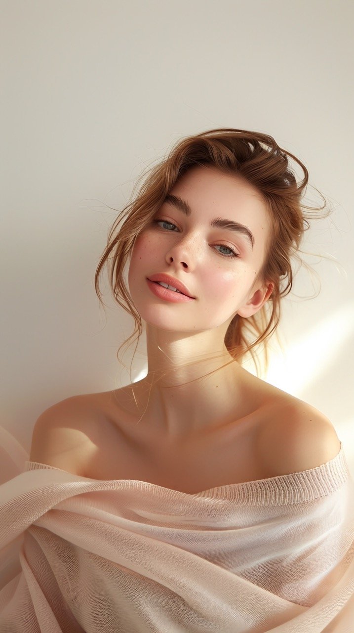 AI-generated cute girl pic featuring woman in sweater looking away over white wall