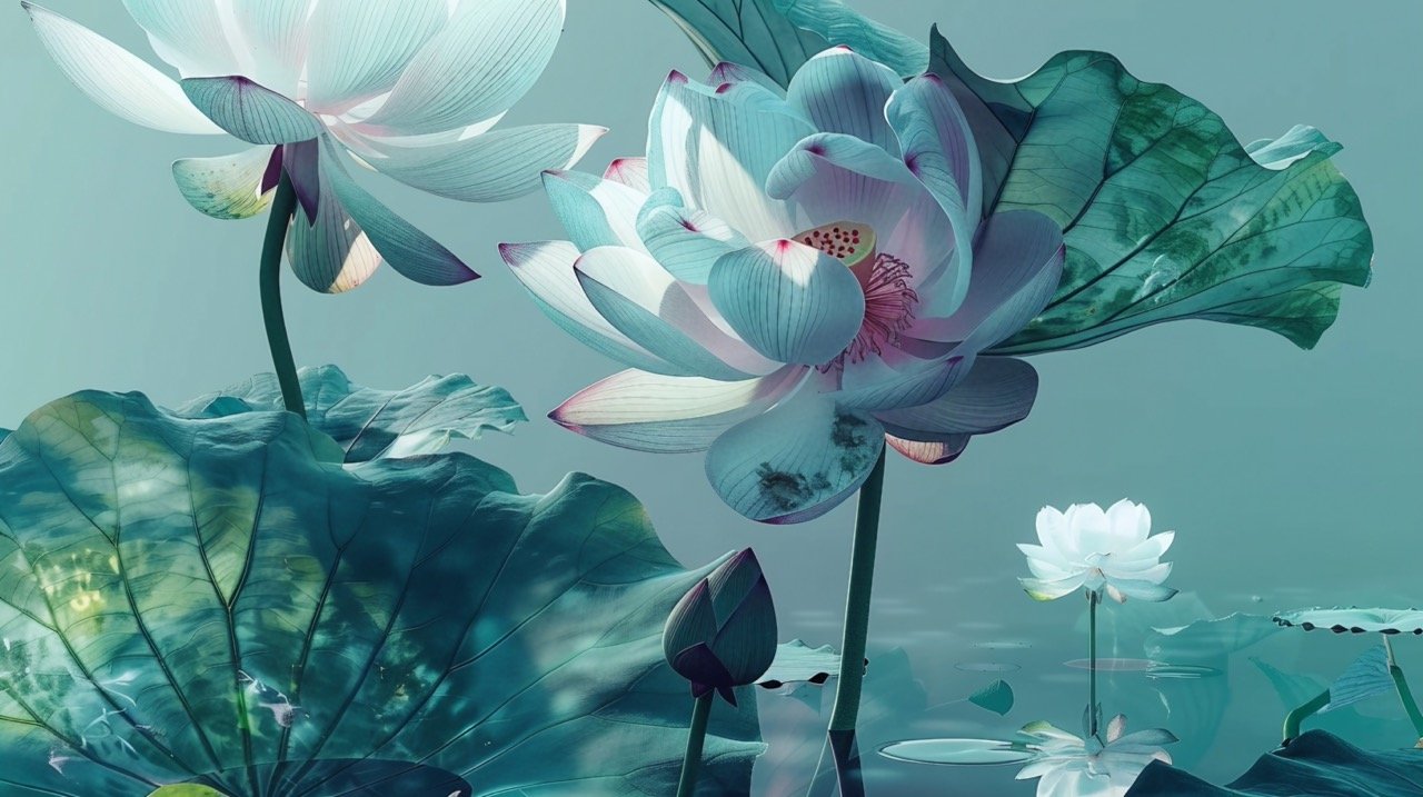 Aerial View Lotus and Large Leaf, Ethereal Foliage, Light Turquoise, Hyperrealistic Still Life