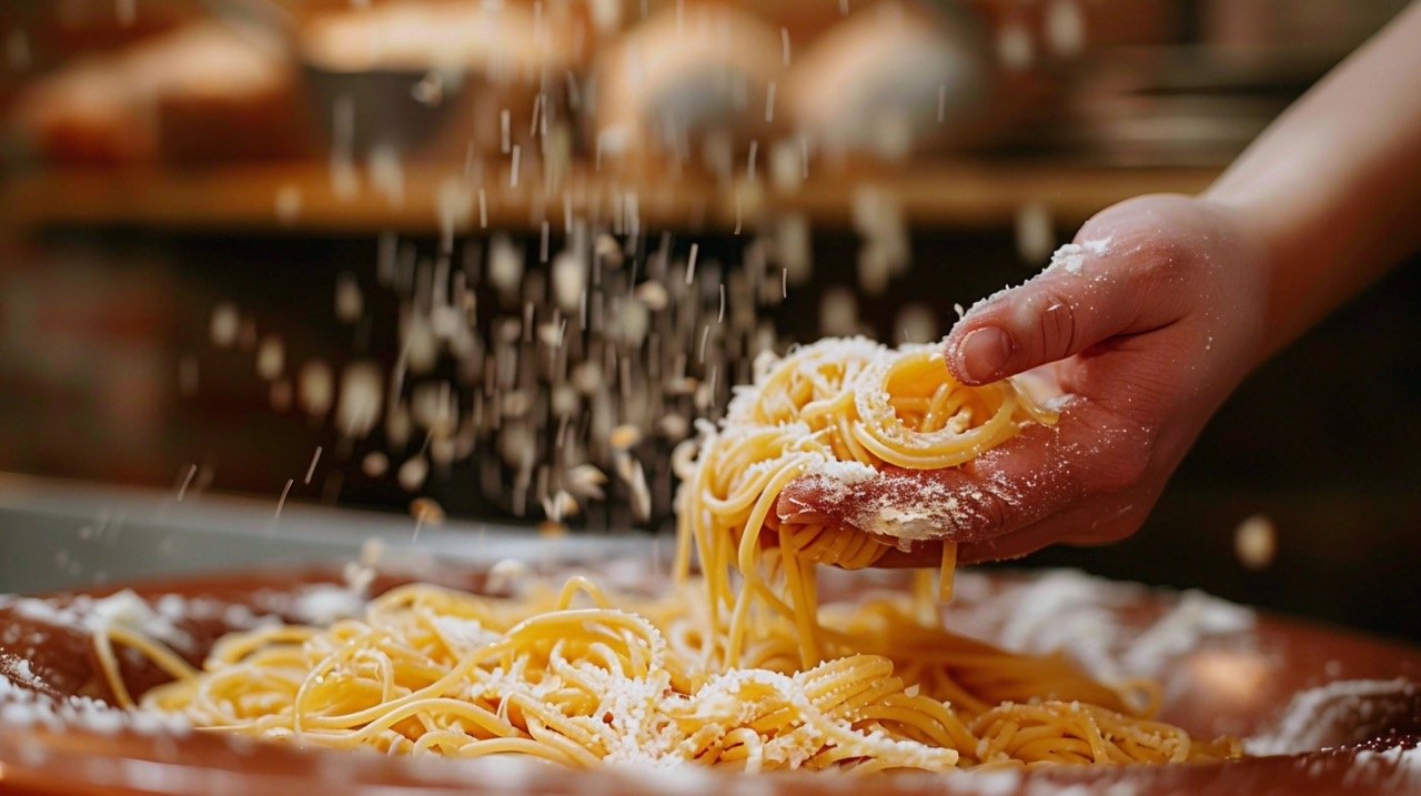 Artisan Hand Rolling Pasta Dough on Textured Wood Surface for Authentic Cooking Scene