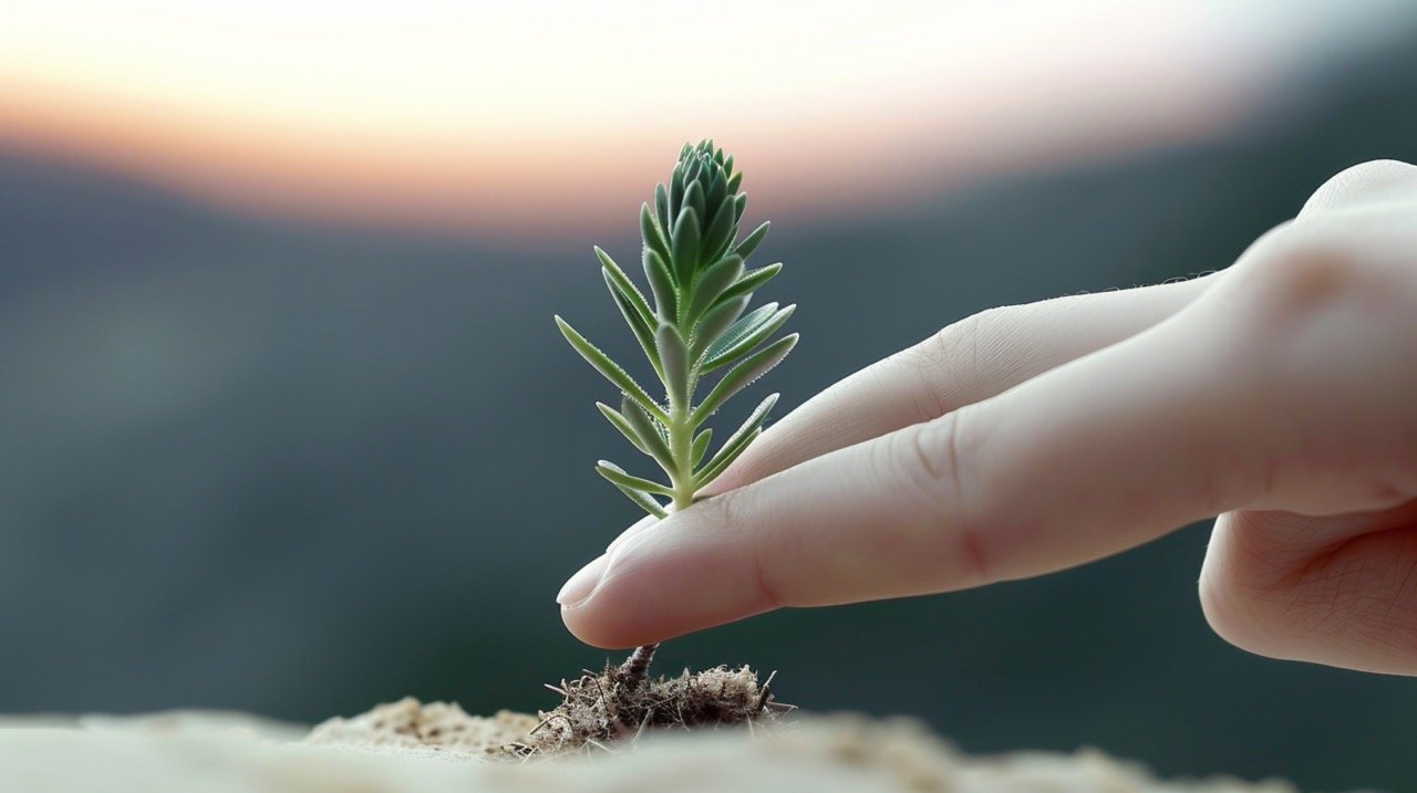 Back Button Focus Hand Holding Small Plant, Inspirational and Dynamic, Emotionally Impactful Image