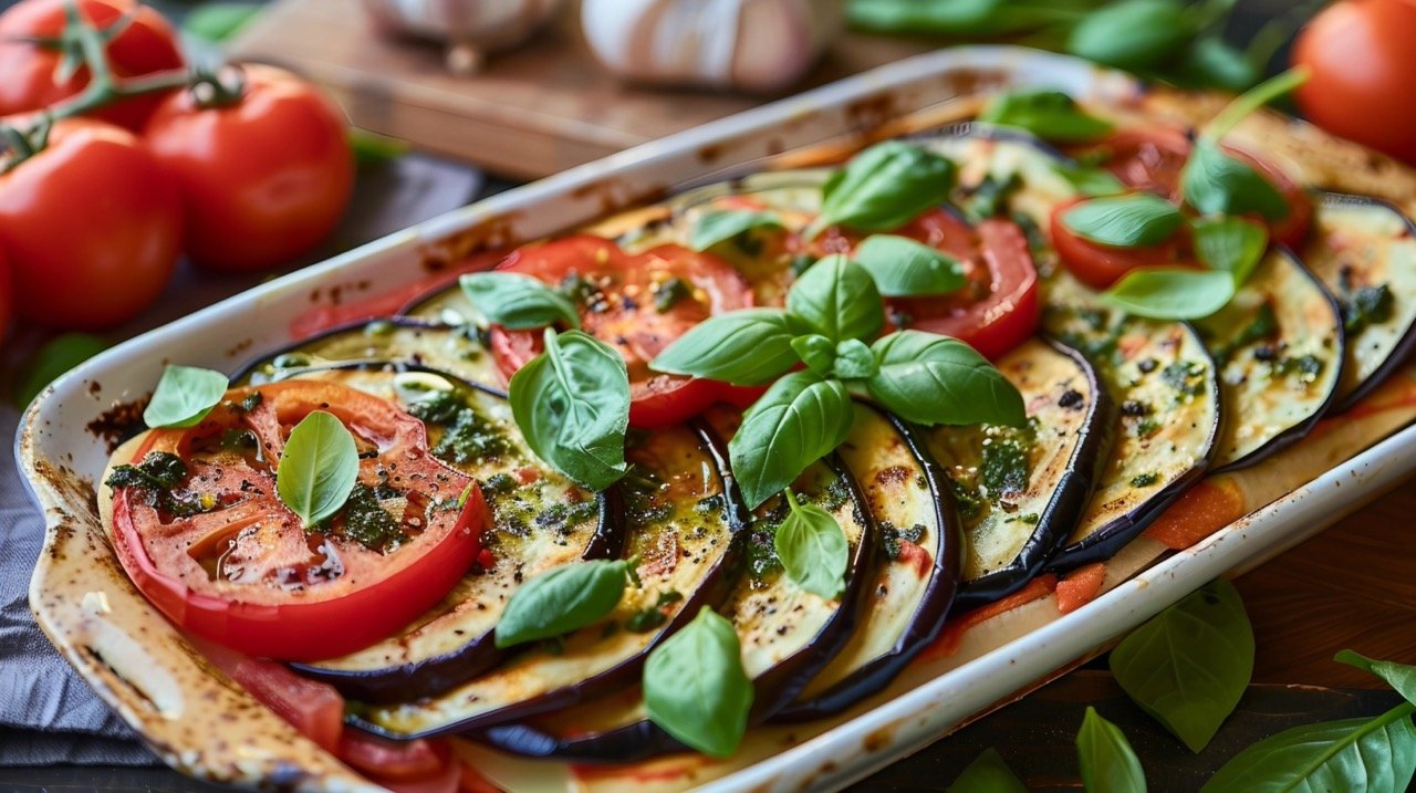 Baked Eggplant with Sliced Tomatoes and Spinach Delicious Vegetarian Dish on Rustic Kitchen Table