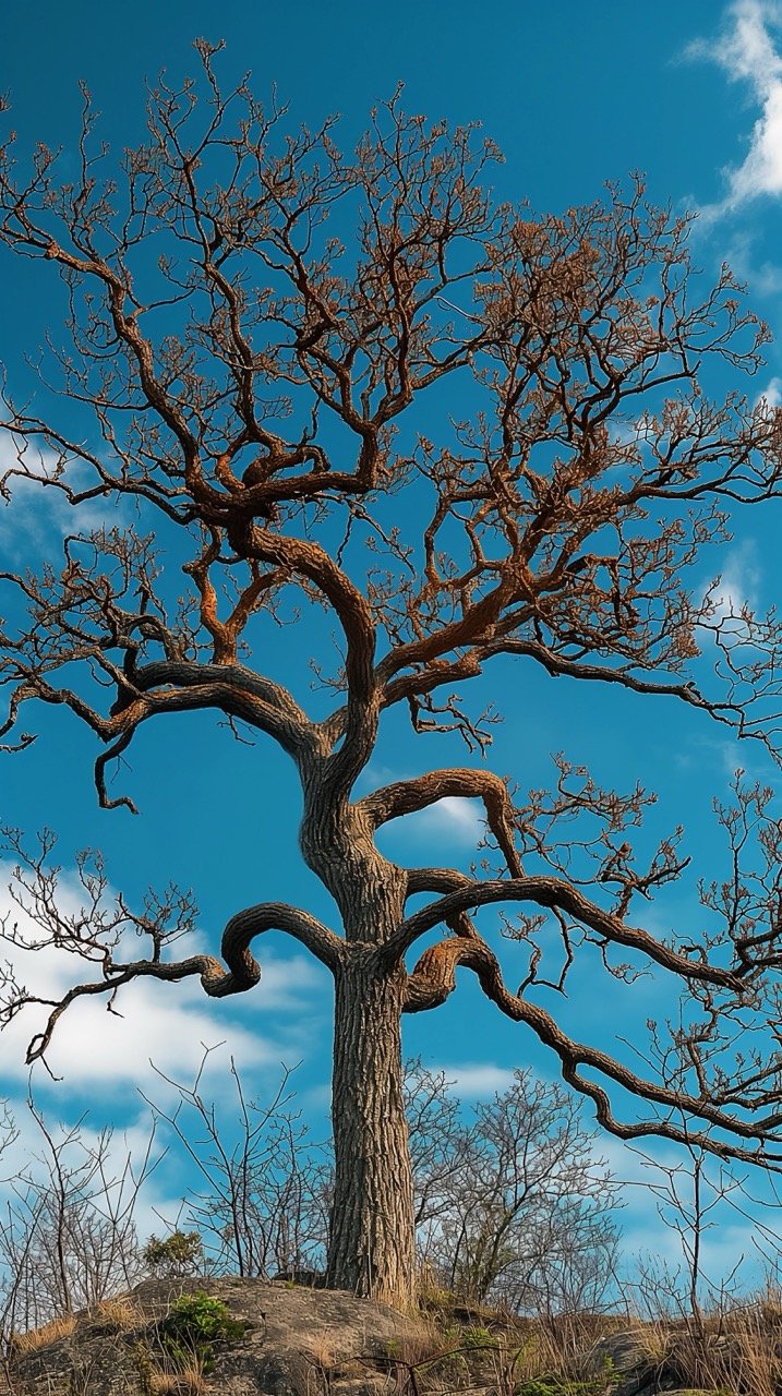 Bare Brown Tree Against Blue Sky – High-Definition Nature Photo Featuring Tree Trunk and Sky