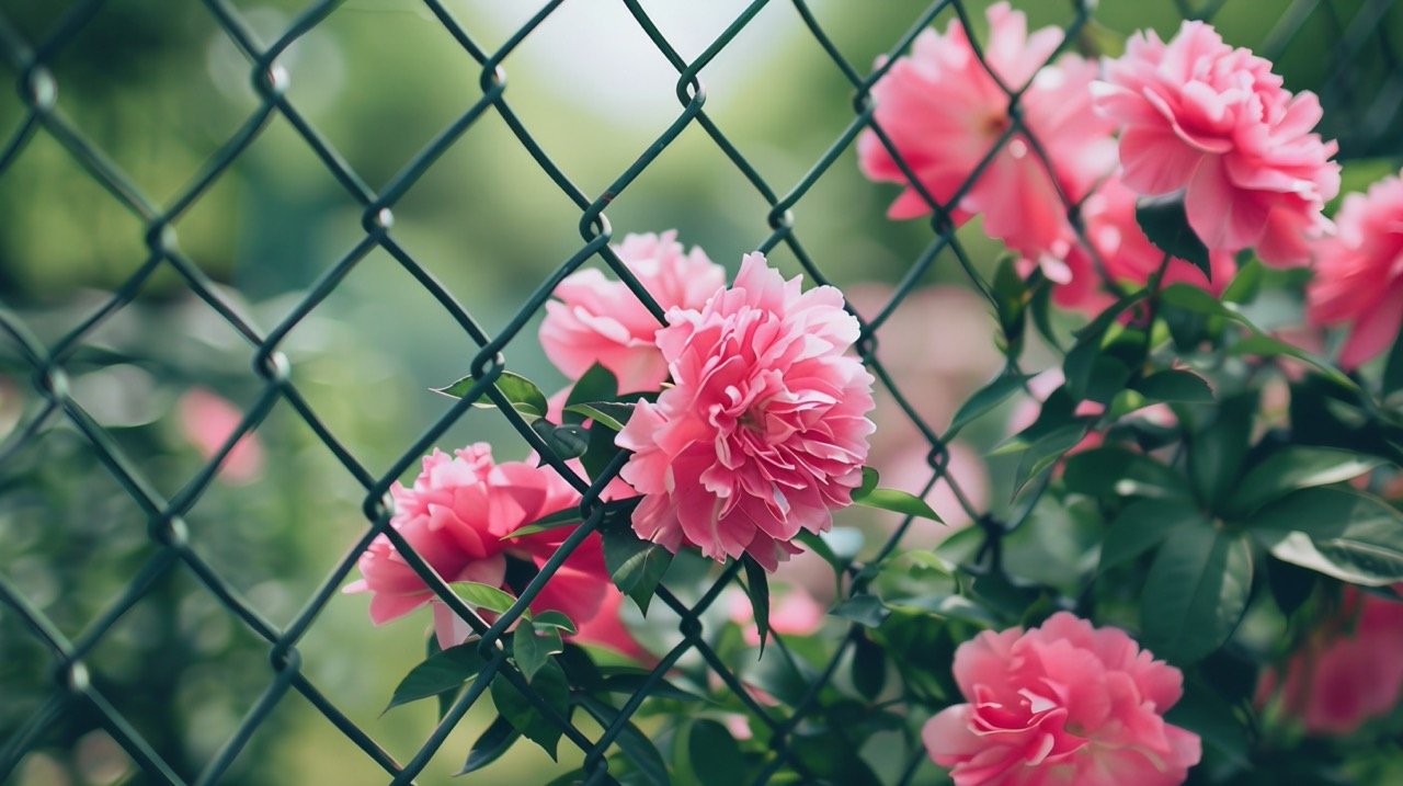 Beautiful Pink Flowers Behind a Chain-Link Fence Blossom, Dahlia, Geranium, Carnation, Rose, Nature