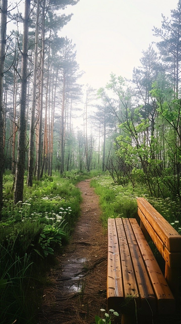 Bench in Latvia’s Woodland Forest – Nature Path, Green Scenery, Park Trail, and Landscape Photography