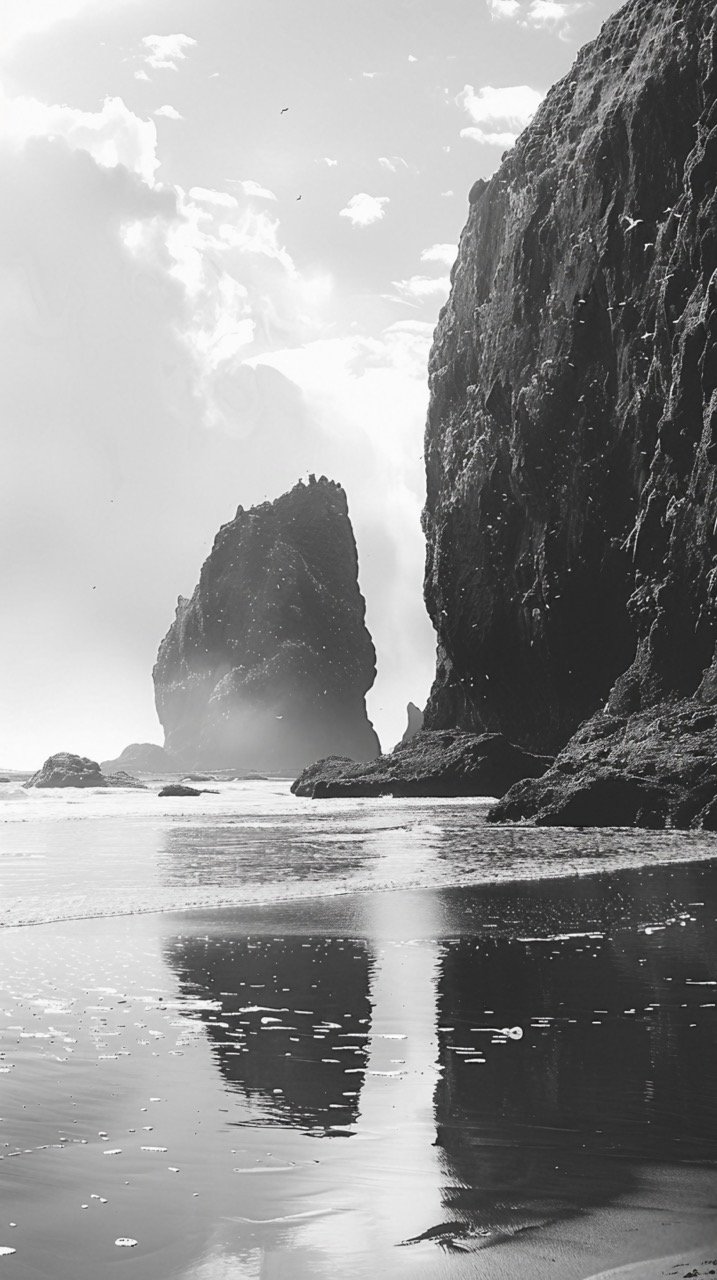 Black and White Image Ocean Rocks – Cannon Beach Oregon, Haystack Rock, Coastal Nature Photography