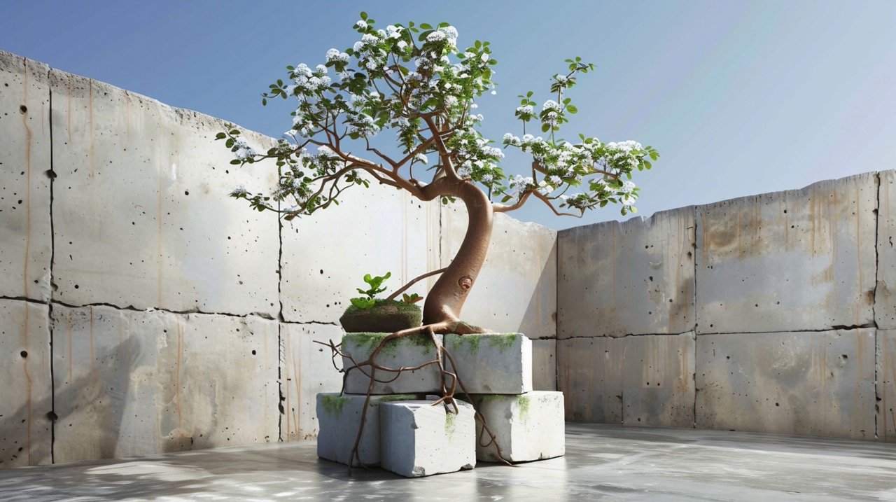 Bonsai Tree Emerging from Concrete Block – Visualizing AI Technology by Google DeepMind