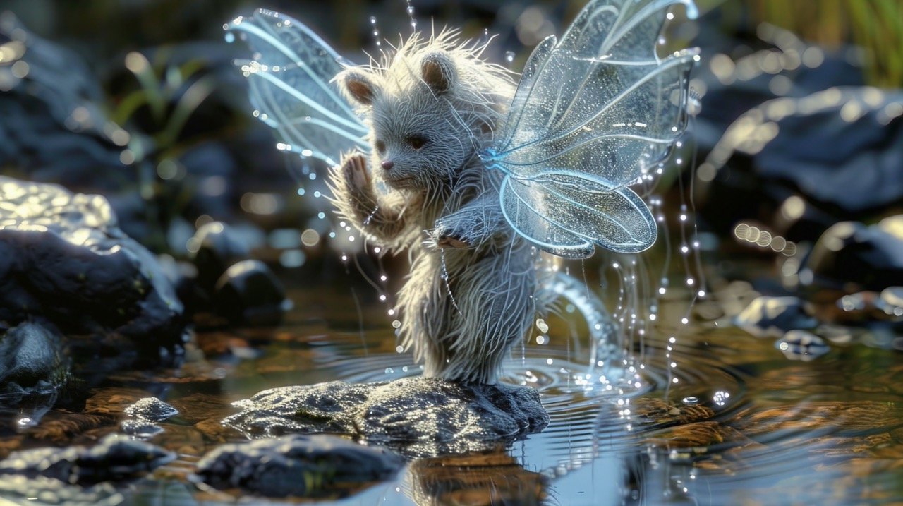 BreezeBear Ultra-Realistic Image of Small Bear-Like Creature with Translucent Dragonfly Wings