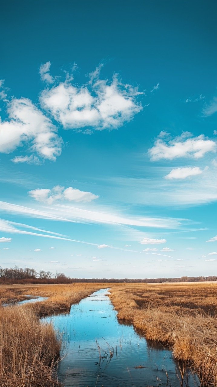 Brown Grass Field and Blue Sky | HD Chicago IL Spring Images with Meadow Reflections