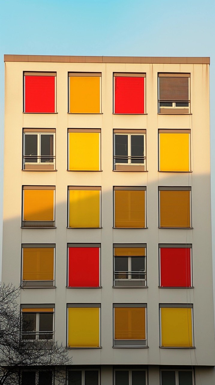 Building with Red and Yellow Windows White Facade, Flag Images, Colorful Architecture Pictures