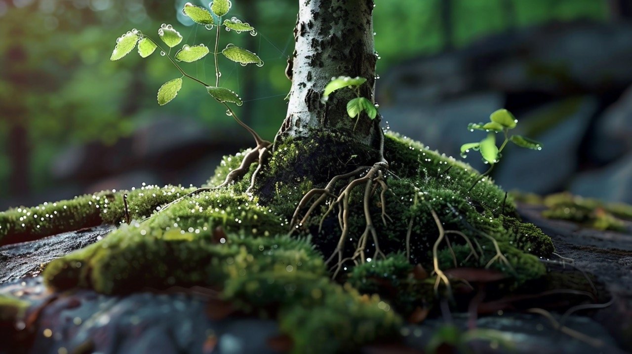 CG Photography of Sunlit Mossy Stone After Rain, Close-Up with Penetrating Roots in Valley