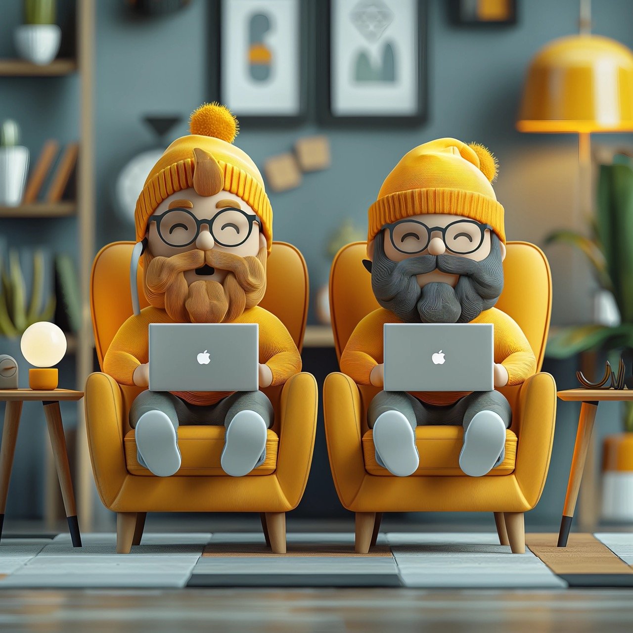 Cartoon Businessmen with Laptops in Armchairs, Working on Social Networks – 3D Startup Team Concept