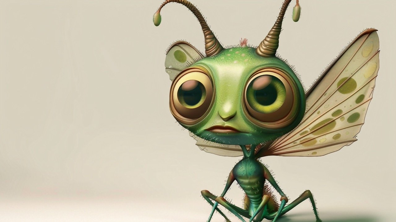 Cartoonish Small Creatures Green-Bodied Characters with Antennae and Big Cartoon-Style Eyes