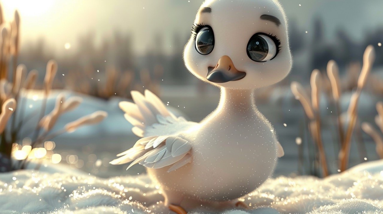 Charming 3D Swan with Big Eyes on Snowy Snowdrift, Perfect for Winter-Themed Digital Art