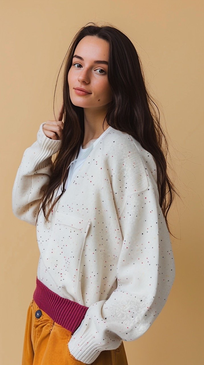 Cheerful Girl in Sweater Posing with Arm on Hip and Pointing Against White Wall