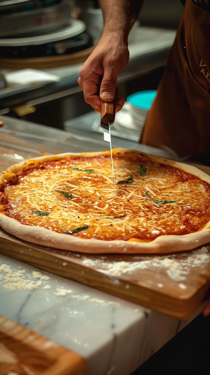 Chef Cooking Pizza with Fresh Toppings in Home Kitchen Photography Session