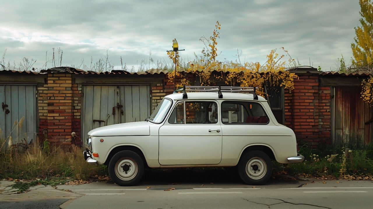 Classic White Truck with Metal Rack in Czechia – Vintage Trabant601 Automobile Photography