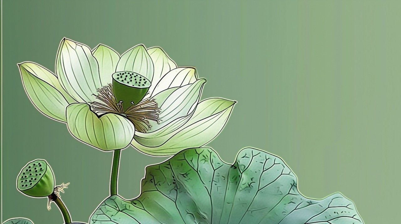 Clean Light Green Background Ultra-Clear Single Lotus Flower with Complete Stamen and Few Leaves