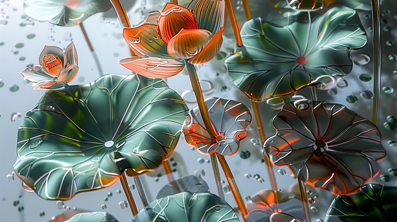 Close-Up Glass Lotus with Leaves Whimsical Peter Bloom Style, Orange and Green Pattern-Based Painting