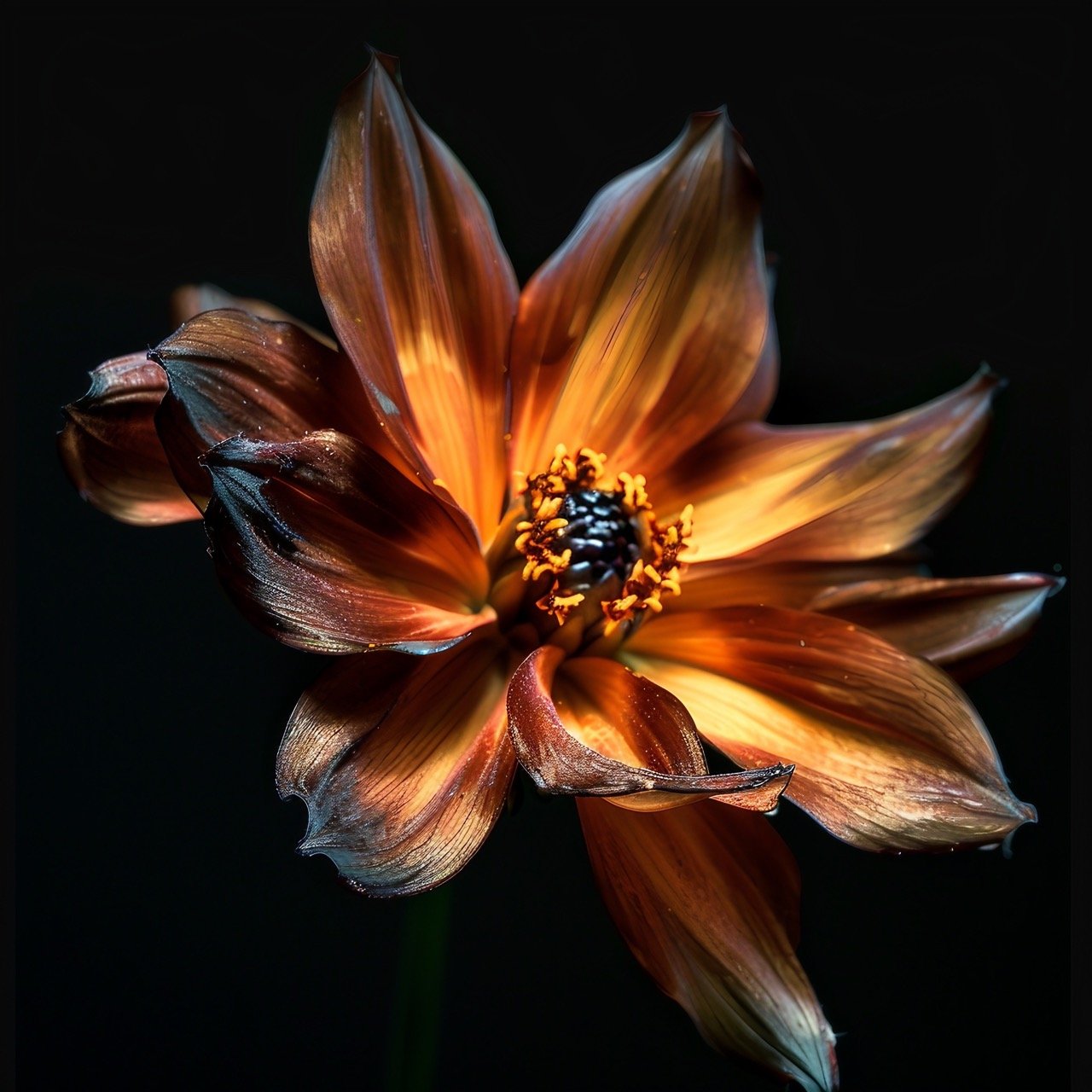 Close-Up of Flower on Black Background Detailed Petal, Blossom, Dahlia, Daisy, Aster, Rose, Sunflower