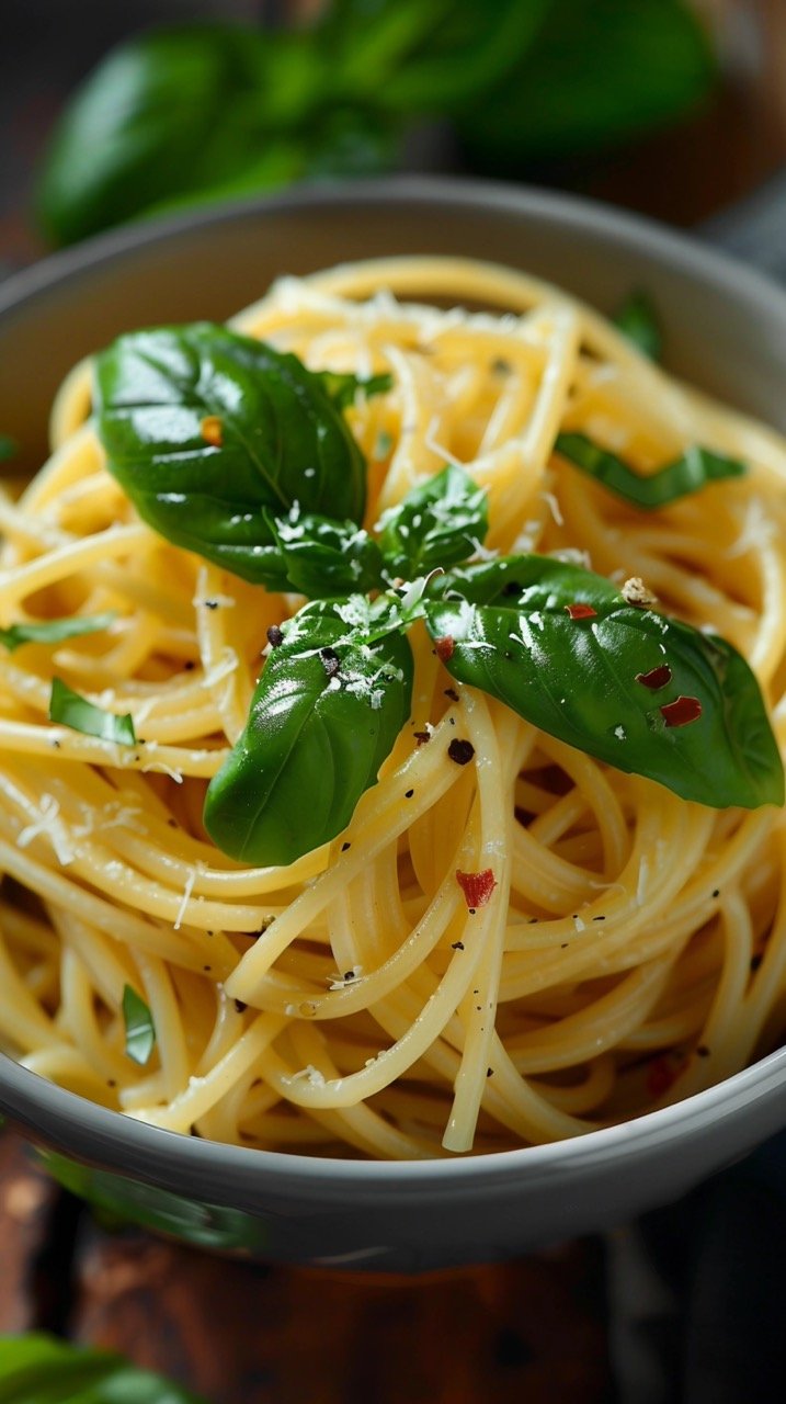 Close-Up of Pasta Topped with Fresh Green Basil Leaves for Culinary Scene