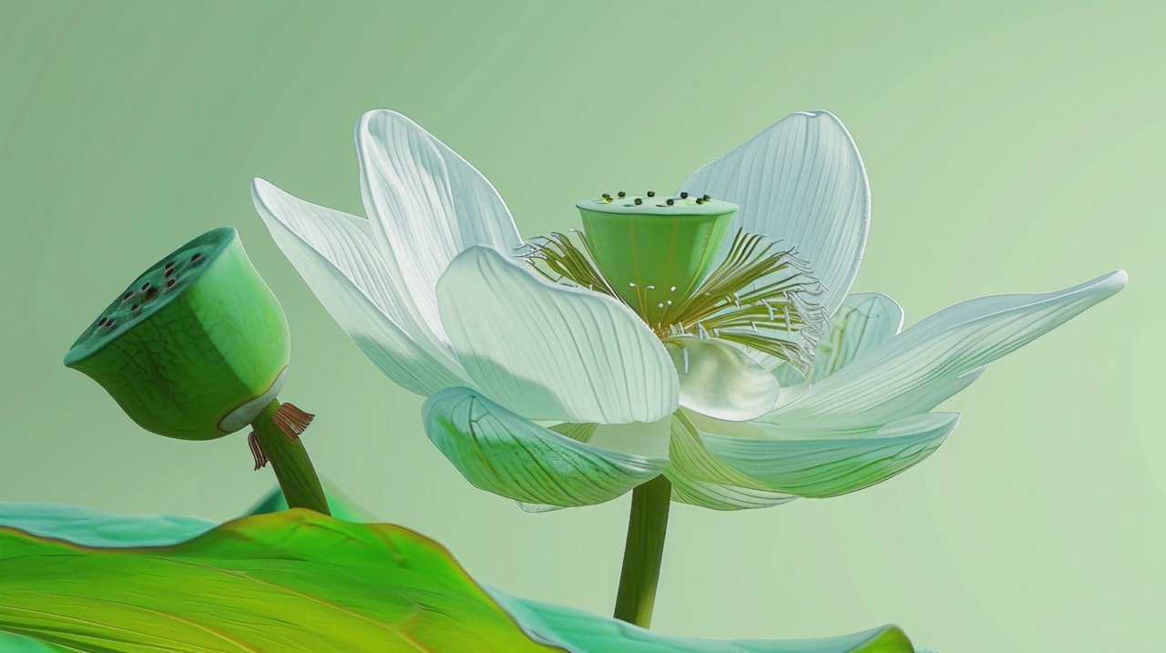 Complete Stamen Lotus Flower Ultra-Clear Single Bloom with Few Leaves, Clean Light Green Background