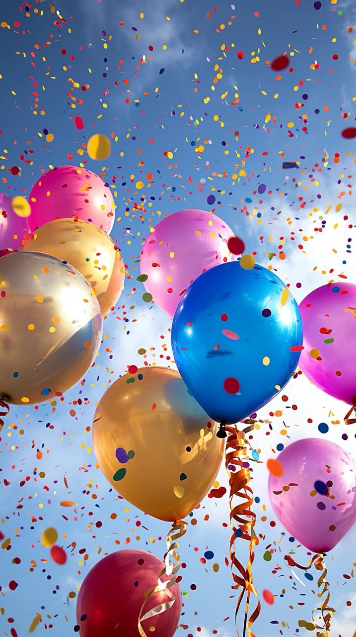 Confetti and Metallic Balloons in Flight – Stock Photo for Party, Anniversary, and Celebration Backgrounds