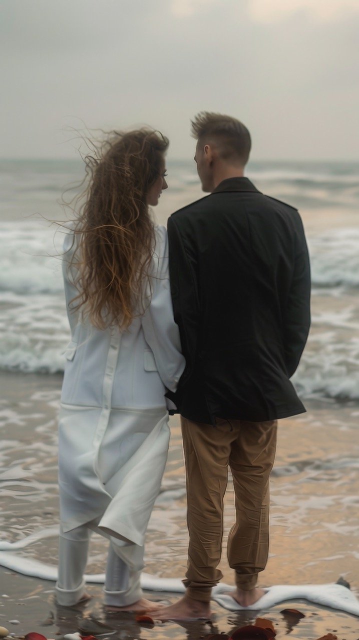 Couple Standing on Beach Next to Ocean – Nature, Coastline, and Portrait Photography