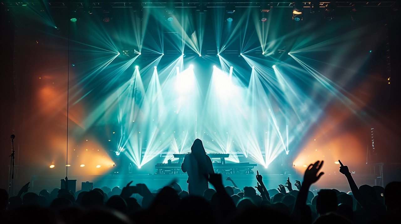 Crowd-Facing Person Under Stage Lights at Live Music Event with Green Beams and Dance Music