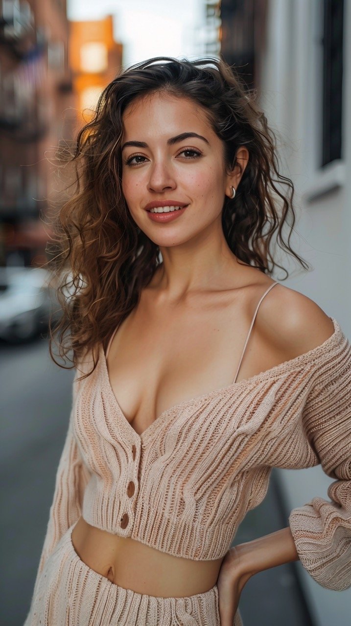 Cute Woman in Sweater, Full-Length Pose with Arm on Hip, Pointing and Looking Away Over White Wall