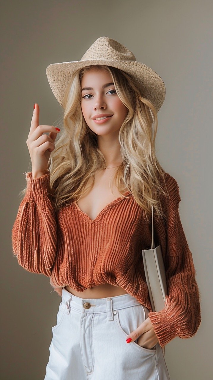 Cute Woman in Sweater Pointing and Looking Away, Posing Full-Length with Arm on Hip Over White Wall