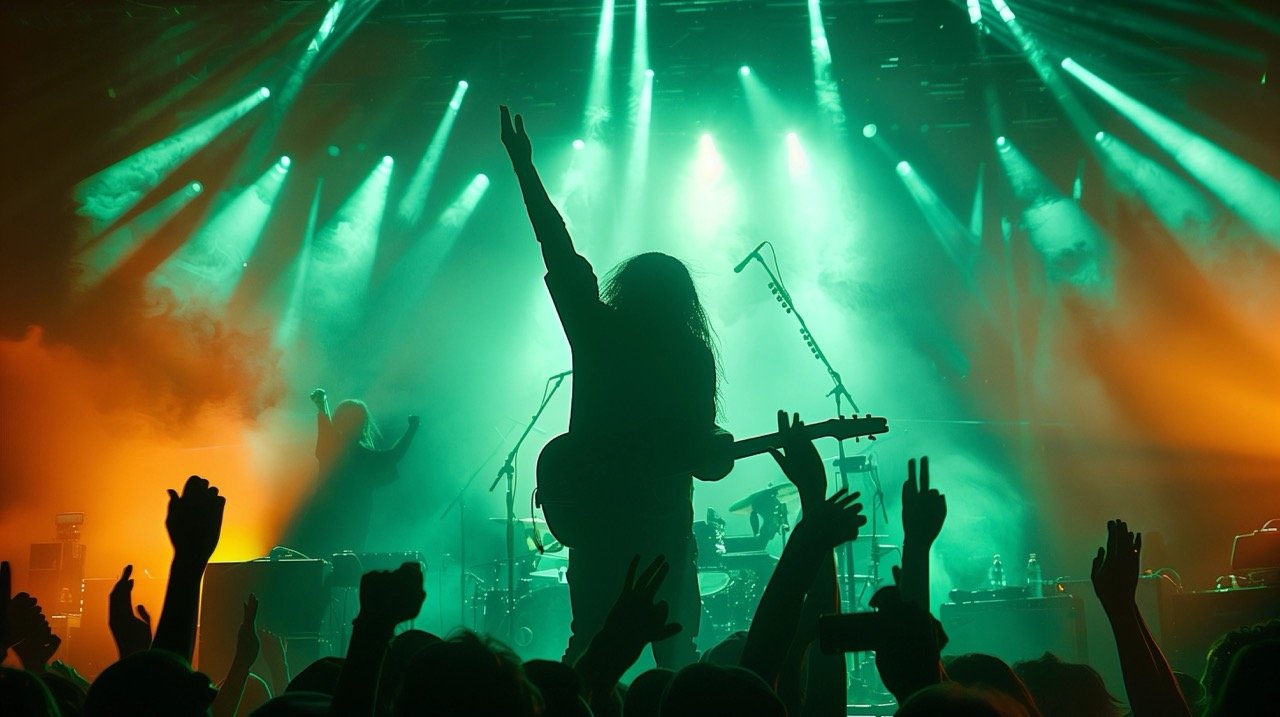 DJ and Musicians Performing on Stage with Light Show Facing Dancing Crowd – Nightlife Photo