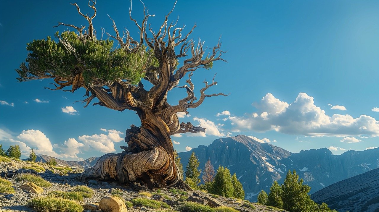 Daytime Green Tree Beneath White Sky – HD Nature Pictures White Mountains Background Bristlecone Pine and Blue