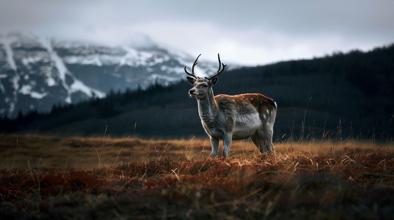 Deer on Grass-Covered Field Wildlife in Swedish Lapland, Nature Photography, Moody Minimalist Landscape