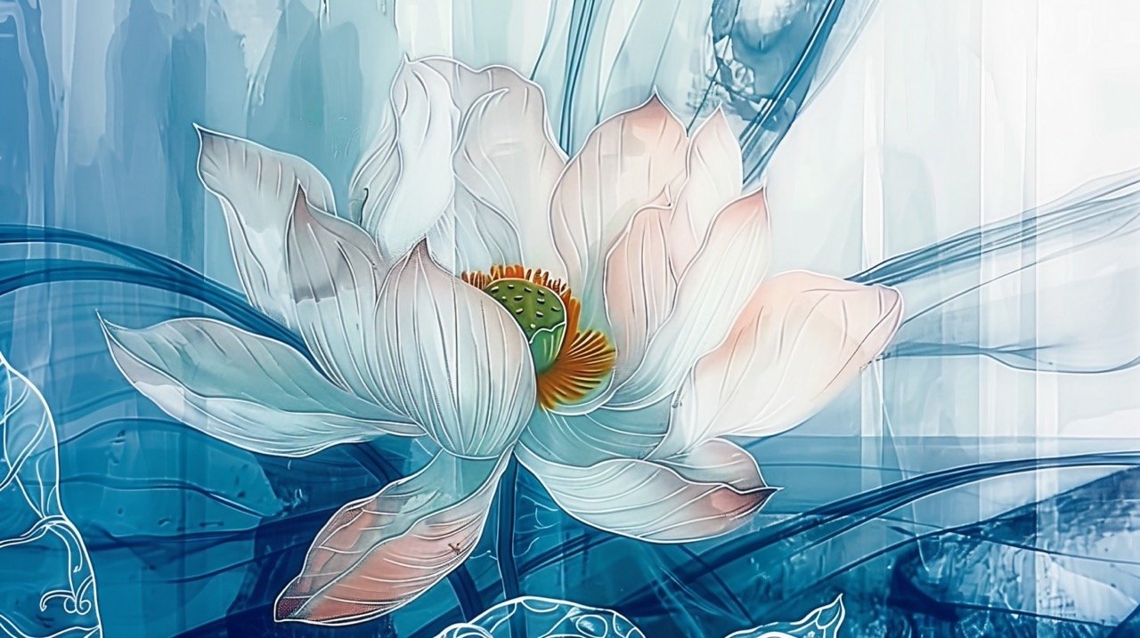 Delicate Petals on Light Blue Hand-Painted Huge Flower, Transparent Texture, Colorful Effect