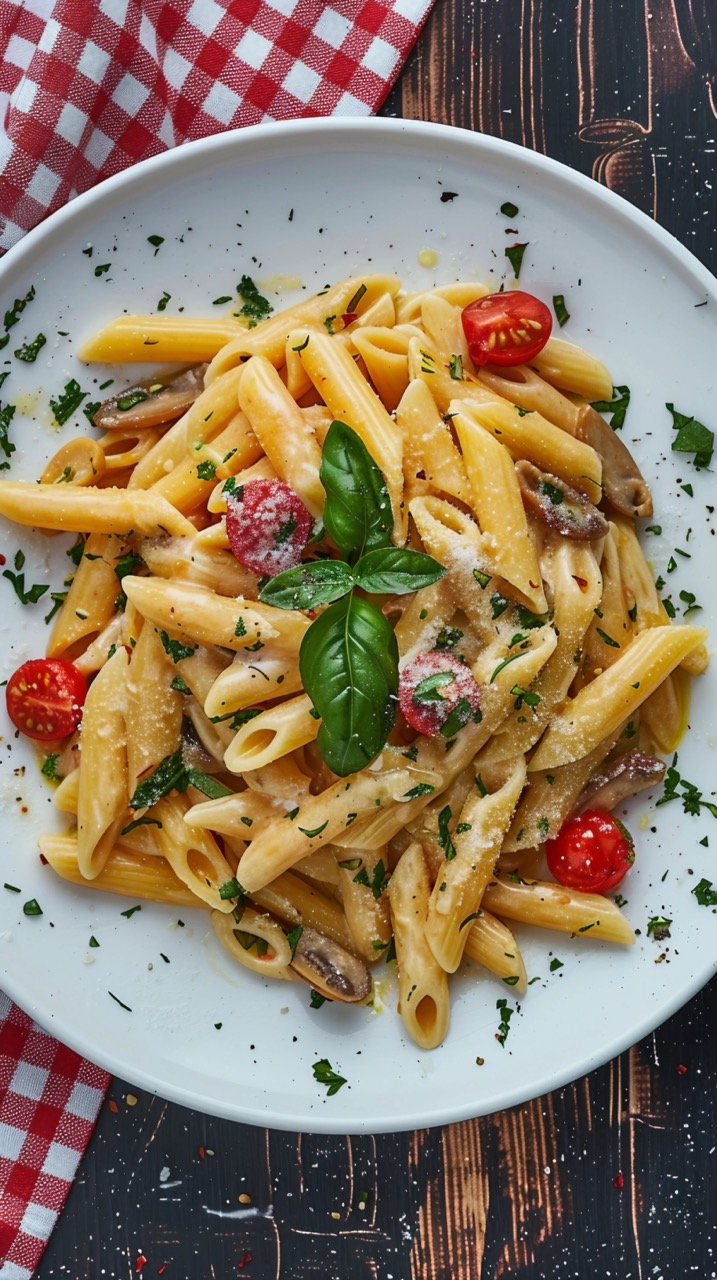 Delicious Pasta Flat Lay Appetizing Dish Served in White Plate for Gourmet Food Photography