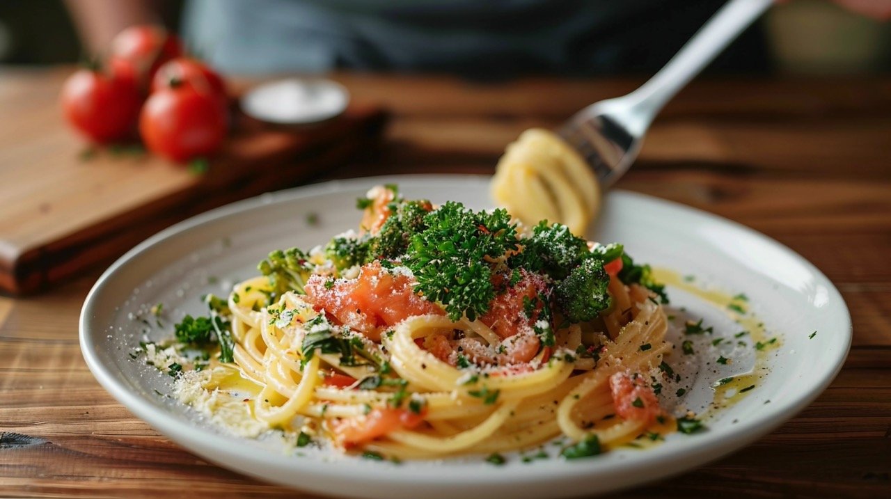 Delicious Pasta Meal on White Ceramic Plate for Italian Cuisine Photography