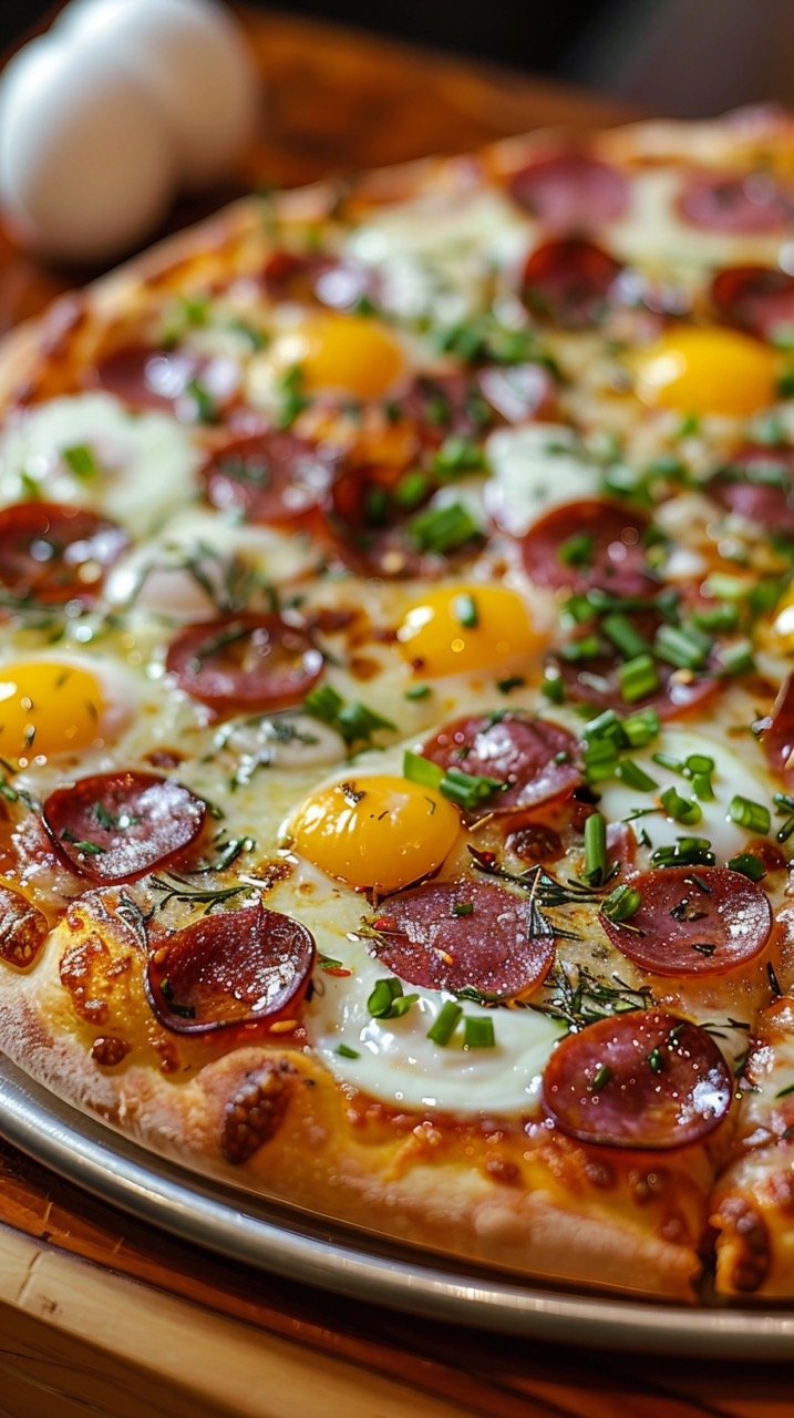 Delicious Pepperoni Pizza Featuring Eggs for Gourmet Italian Food Photography