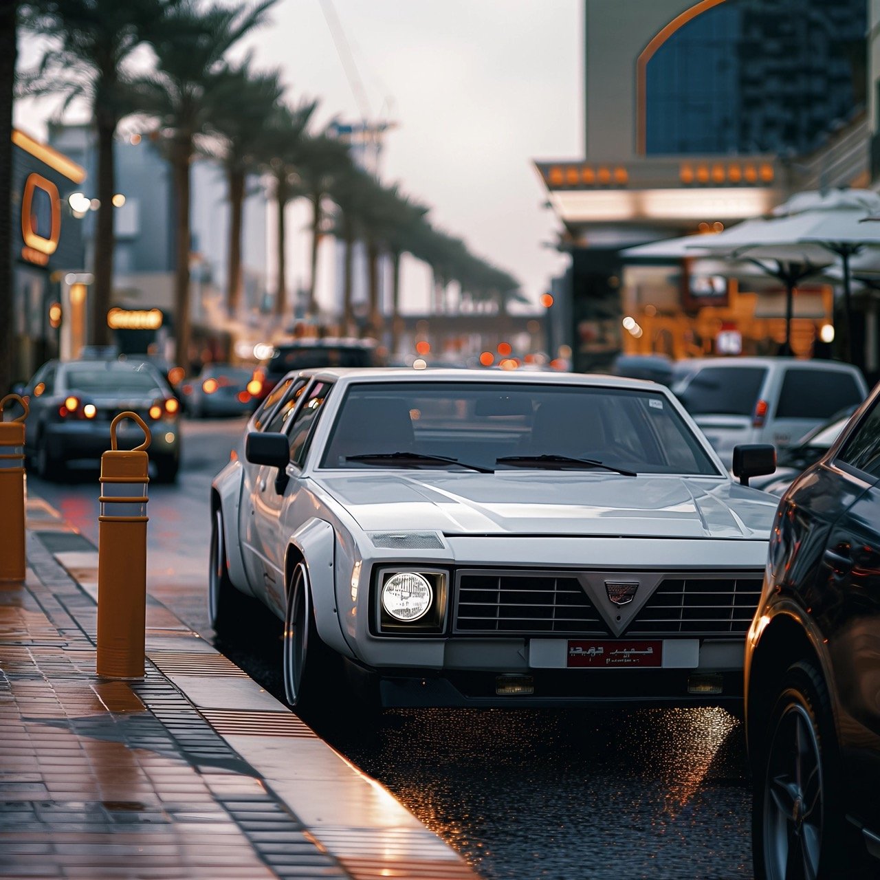 Dubai Roadside with White Car Parked – HD Car Images, City Wallpapers, and Vehicle Photos